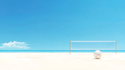 Serene beach volleyball scene with clear blue sky and ocean horizon