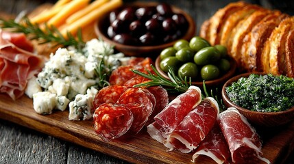 Assorted cured meats, cheeses, and olives on a wooden board.