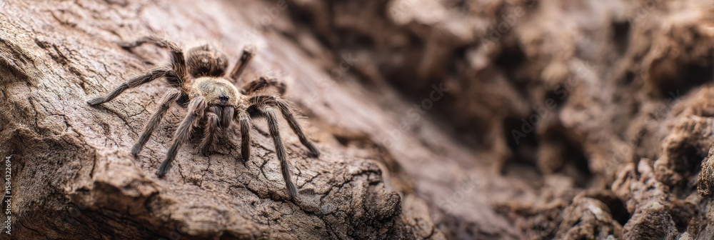 Poster close-up view of a tarantula crawling on dry bark in a natural setting with a clear top left space