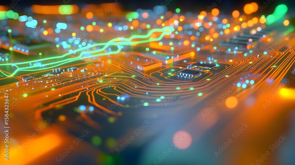 Poster close-up view of a circuit board with glowing components.