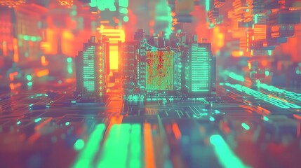 Obraz premium Futuristic city built on a complex technological circuit.