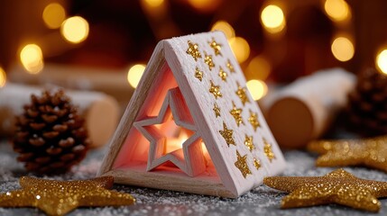 Small wooden house decoration with a star on top, set against a neutral background, daylight.