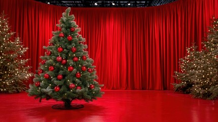 Decorated Christmas trees in a red room with matching red curtains, festive holiday indoor setting.