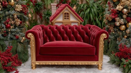 Red velvet couch with gold trim featuring a detailed dollhouse on top in a bright indoor setting.