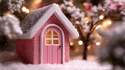 Small pink house with matching door surrounded by snow under a bright daylight sky.