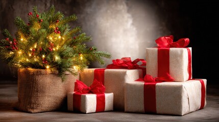 Wrapped presents in burlap fabric tied with red ribbons on a neutral background, perfect for holiday themes.