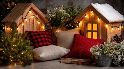 Three small illuminated wooden houses with warm lights on a dark background, cozy nighttime scene.