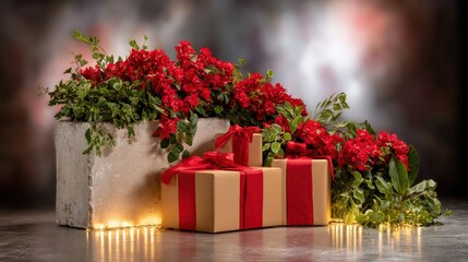Two gift boxes with floral patterns on a wooden table decorated with fresh flowers in natural daylight.