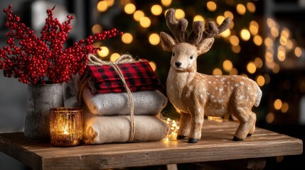 Deer statue and lit candle on wooden table with blurred warm background, cozy indoor evening scene.