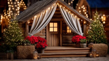 Small wooden cabin with porch and closed door surrounded by natural outdoor setting in daylight.