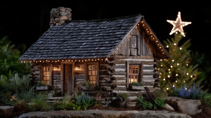 Small rustic log cabin with a decorative star on the roof, surrounded by natural outdoor setting.