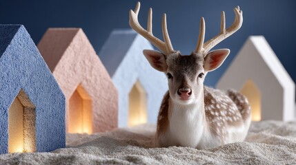Deer resting on sandy ground near houses in a rural setting during daylight.