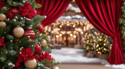 Christmas tree decorated with red and gold ornaments in a festive indoor setting with warm lighting.