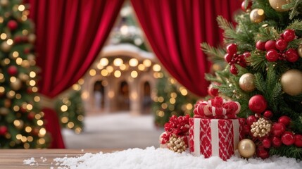 Christmas presents and festive decorations arranged on a table with a decorated tree in the background.
