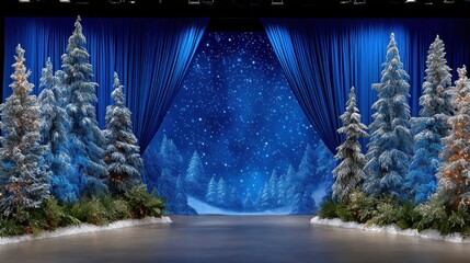 Snow-covered trees surrounding a red stage curtain on an outdoor winter stage at dusk.