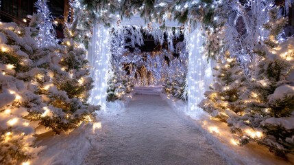 Snow-covered red archway decorated with Christmas lights and illuminated trees in a winter evening setting.