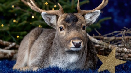 A deer resting calmly on green grass in a natural outdoor setting during daylight.