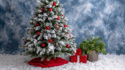 Small Christmas tree decorated with red ornaments and surrounded by wrapped presents on a white background.
