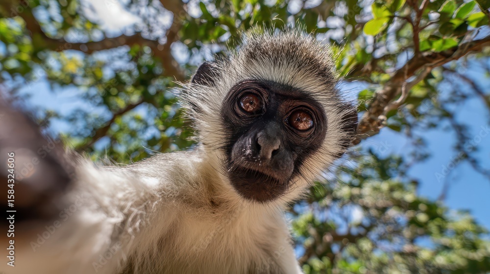 Poster close-up of a monkey taking a selfie in a tree.