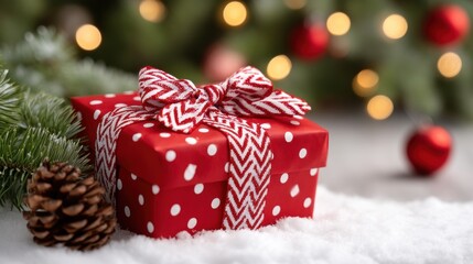 Red gift box with a satin bow and a natural pine cone on a white background, holiday decoration.