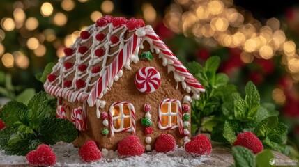 Festive gingerbread house decorated with candy canes and colorful sweets, set on a white background.