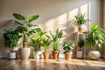 A collection of lush green houseplants arranged indoors on a wooden floor bathed in warm sunlight