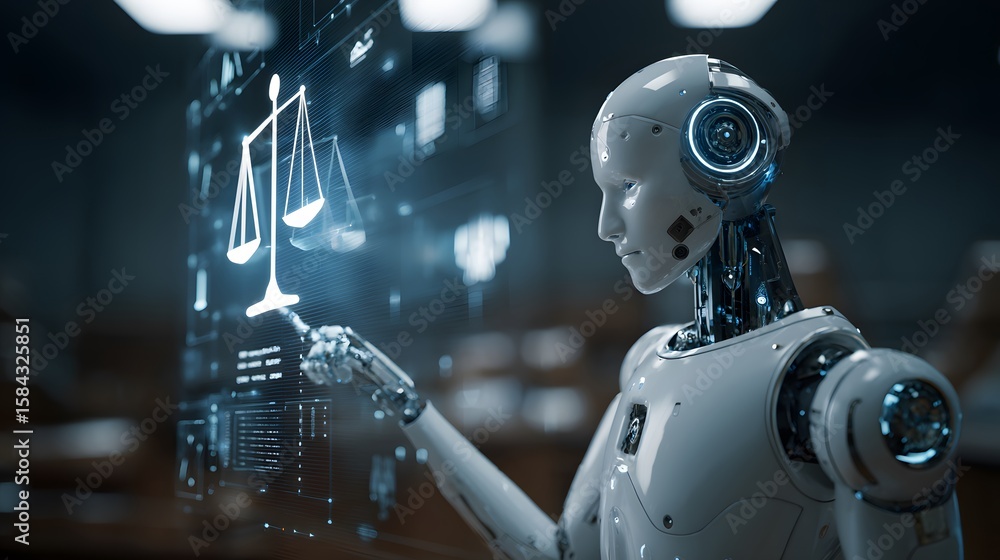Aufkleber ai and justice: robot interacts with a holographic display of scales, representing the intersection 
