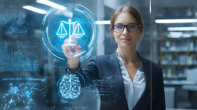 Businesswoman interacting with digital legal interface featuring scales of justice, graphs and artificial intelligence.