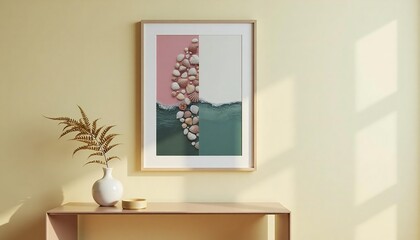 A Modern Interior Setting with Framed Artwork and Vase on Table.