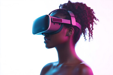 Portrait of African American woman using virtual reality headset, isolated on white background