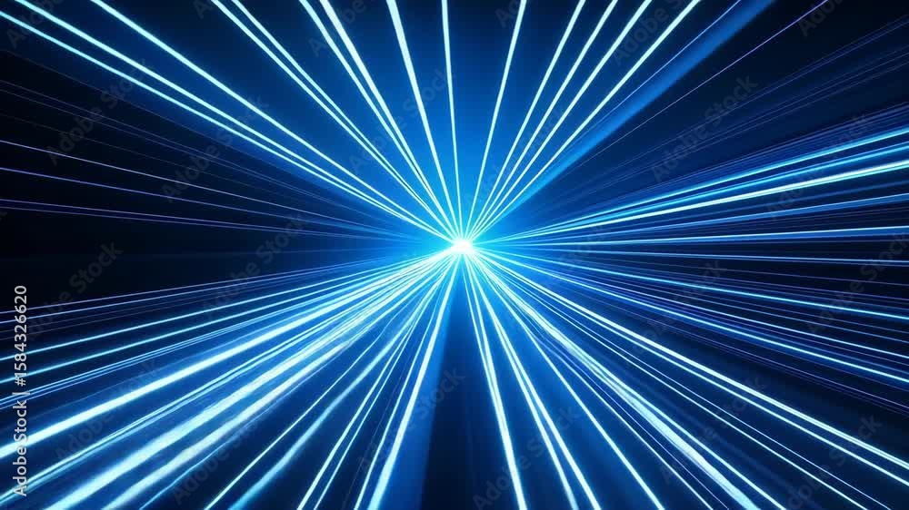 Poster abstract illuminated blue lines converging towards central light source in perspective motion graphi