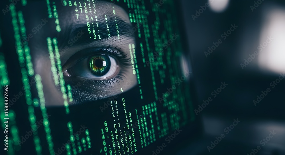Poster a person's eye is visible through a screen displaying lines of glowing green code, hinting at cybers