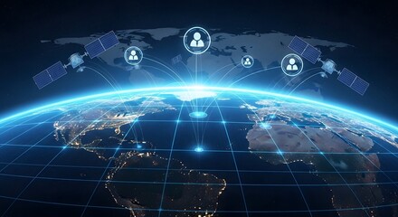 Fototapeta premium Global communications network connecting people across the world via satellites, data streams, and advanced technology systems.