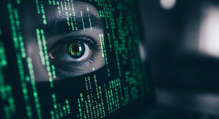 A person's eye is visible through a screen displaying lines of glowing green code, hinting at cybersecurity, technology, or virtual reality.