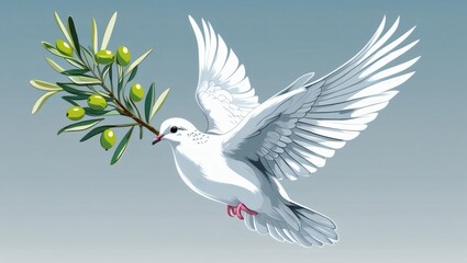 Obraz premium White dove in flight carrying an olive branch with green olives against a light blue gradient background.
