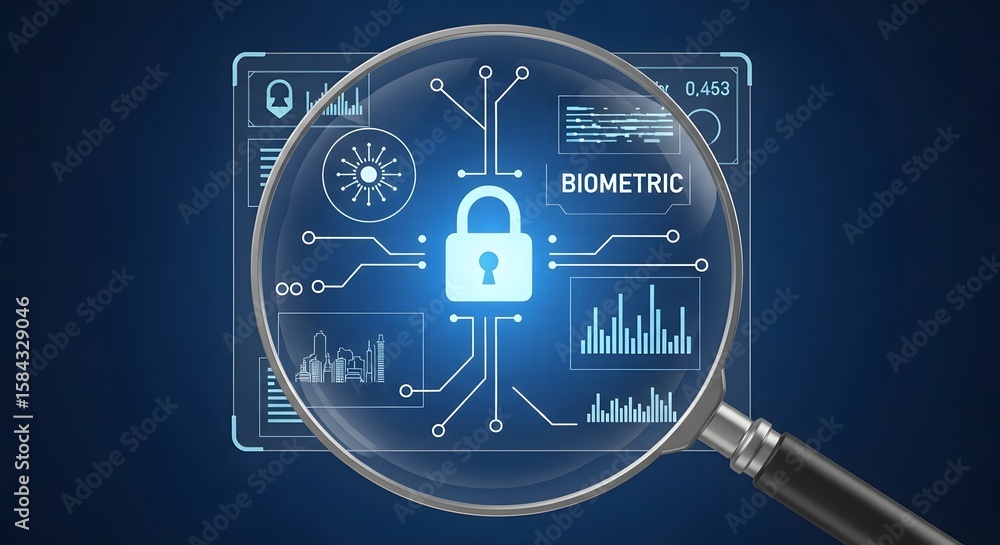 Poster digital biometric security concept with padlock and data analysis viewed through a magnifying glass 