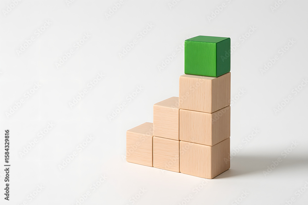 Poster building blocks to success: a minimalist image of wooden blocks stacked in a rising staircase, toppe