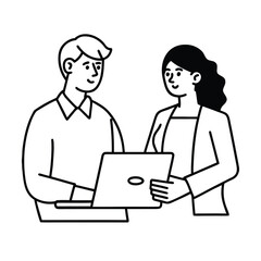 Fototapeta premium Coworkers testing new tech solution together with teamwork collaboration for startup development planning vector line art on white background