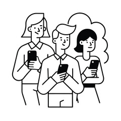 Modern vector showing colleagues using mobile apps for communication productivity business teamwork vector line art on white background