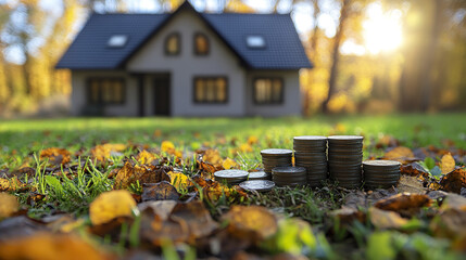 Stack of coins on grass with autumn leaves in front of blurred house background during golden hour, symbolizing property investment and financial growth in peaceful setting