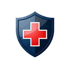 Fototapeta premium A blue shield emblem displays a prominent red cross, symbolizing healthcare or protection.
