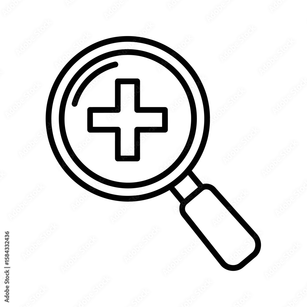 Poster a magnifying glass icon with a plus sign inside, representing searching or adding.