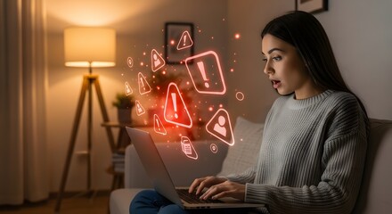 A surprised woman on a laptop encounters digital threats, represented by warning signs, highlighting cybersecurity vulnerability.