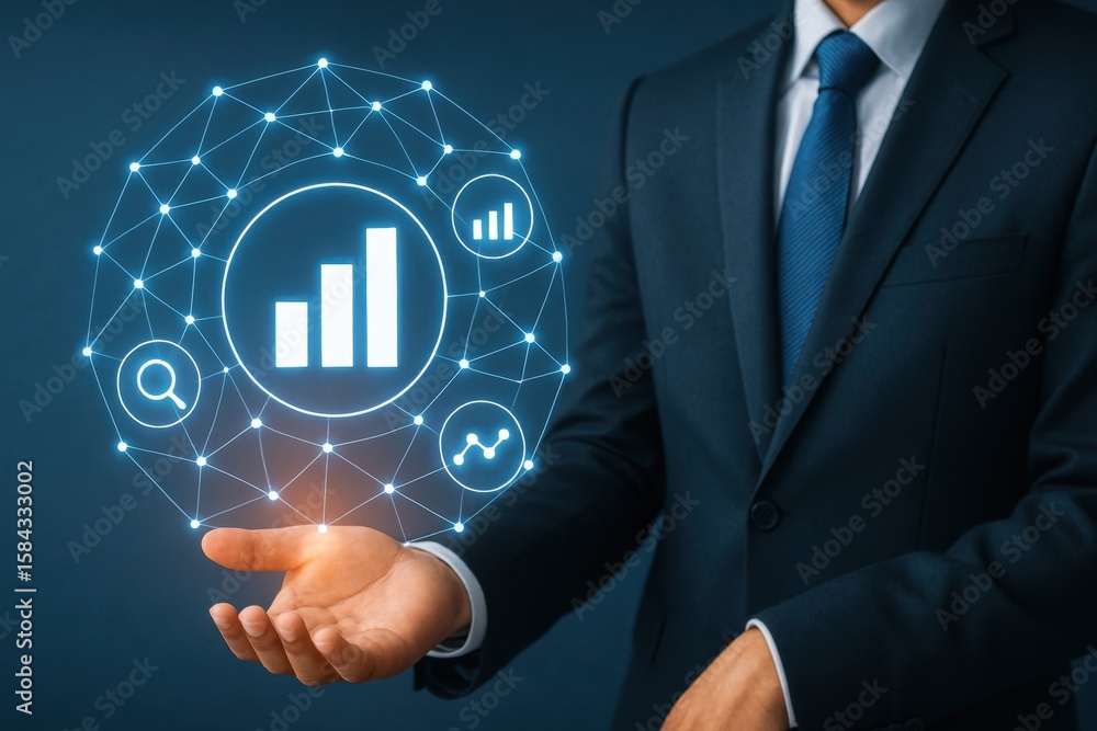 Poster business professional presenting digital graphs and data insights with technology in a dark backgrou