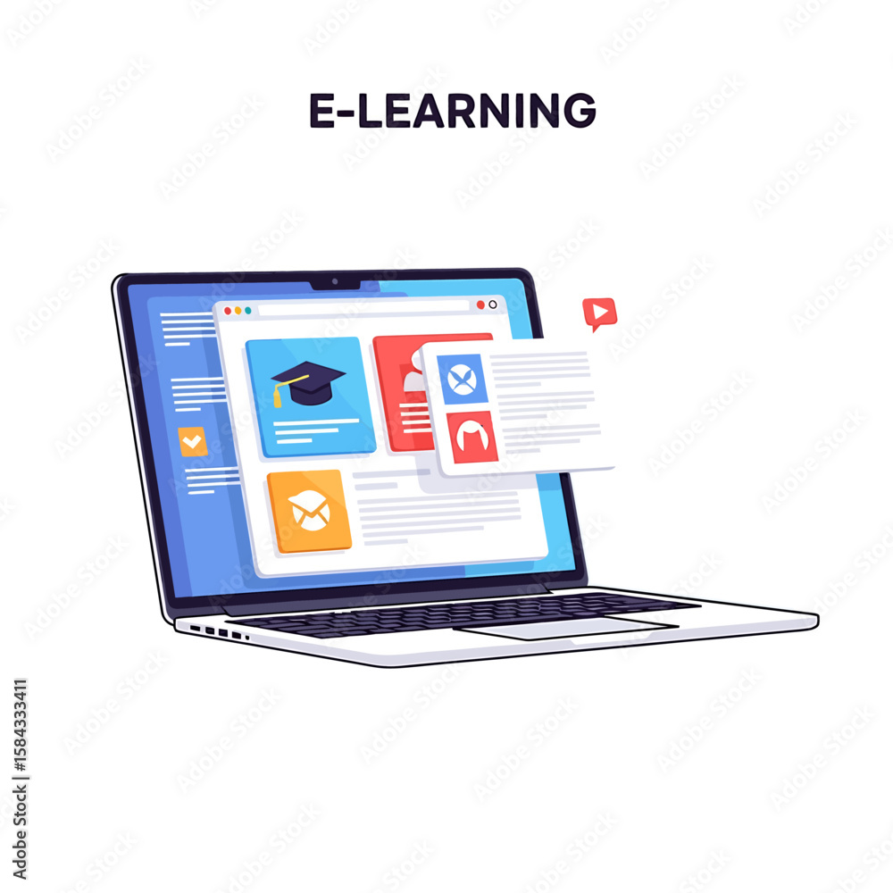 Poster laptop displaying an e-learning platform interface with educational icons and content.