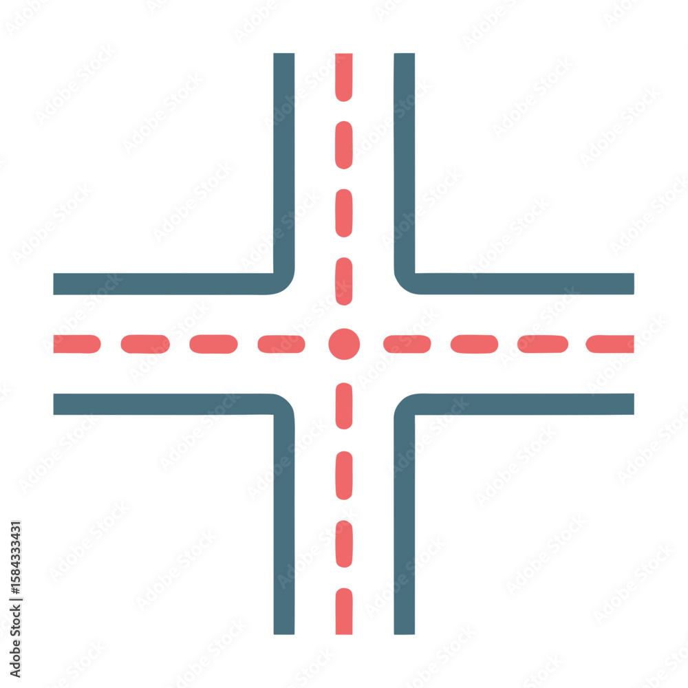 Poster Simple stylized intersection of two roads with dashed lines and a central point