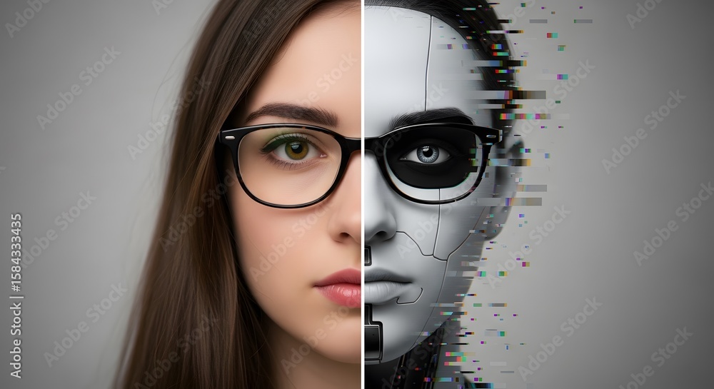 Poster duality of human and ai: a conceptual image of a woman's face merged with a robot's, exploring the c