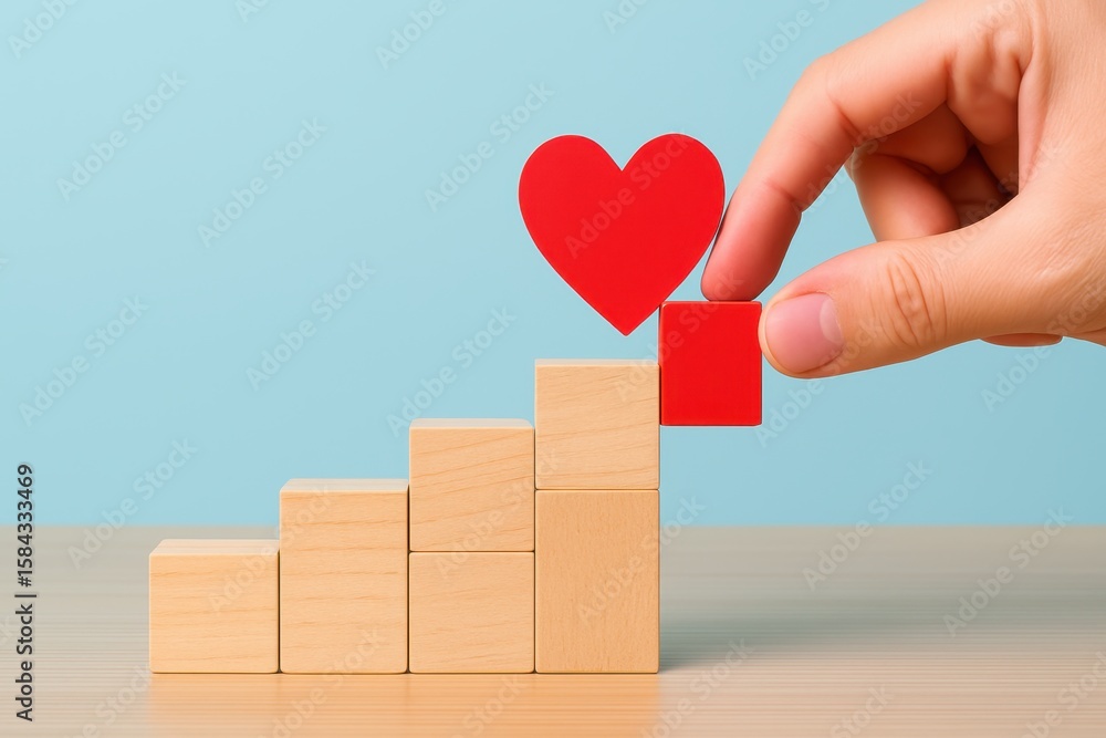 Poster hand placing red block on stack of wooden blocks with heart shape on top symbolizing growth, love, a