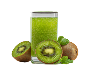 Refreshing Kiwi Juice in Clear Glass with Sliced Kiwis and Fresh Mint on Transparent Backdrop, PNG