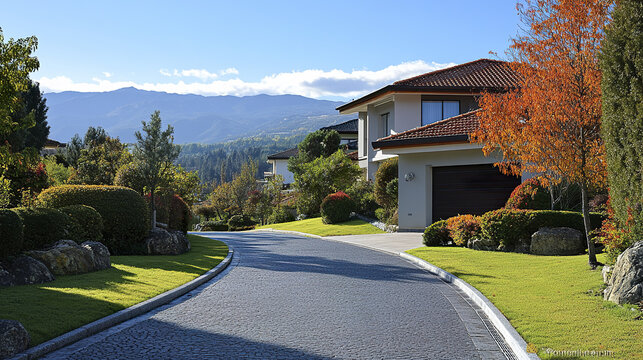 Modern house with red roof and autumn tree along curved paved road in peaceful neighborhood with mountain view under clear blue sky - Powered by Adobe
